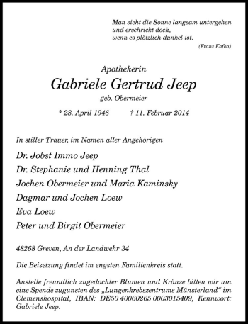 Anzeige von Gabriele Gertrud Jeep von Westfälische Nachrichten