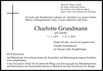 Anzeige von Charlotte Grundmann von Westfälische Nachrichten