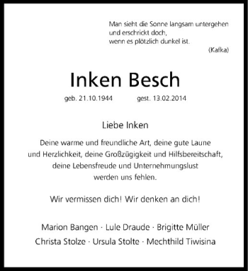 Anzeige von Inken Besch von Westfälische Nachrichten
