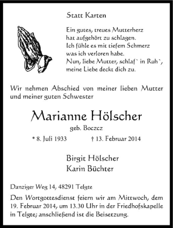 Anzeige von Marianne Hölscher von Westfälische Nachrichten