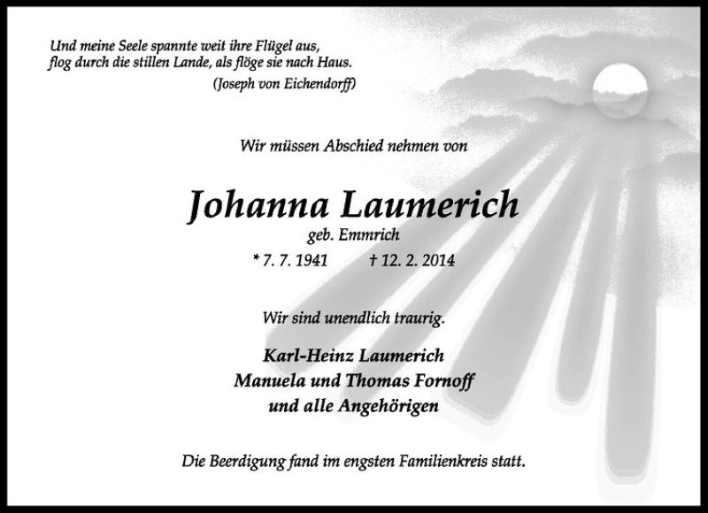  Traueranzeige für Johanna Laumerich vom 19.02.2014 aus Westfälische Nachrichten
