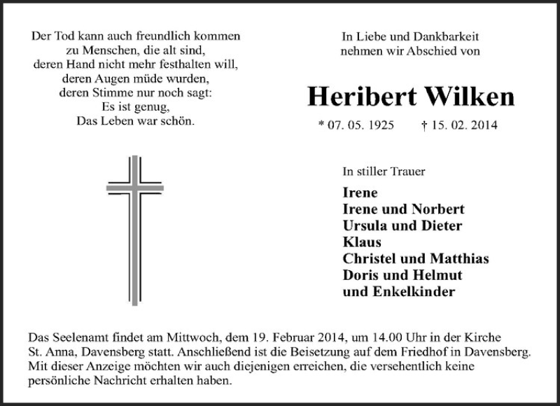 Traueranzeige für Heribert Wilken vom 17.02.2014 aus Westfälische Nachrichten