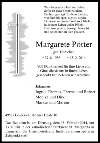 Anzeige von Margarete Pötter von Westfälische Nachrichten