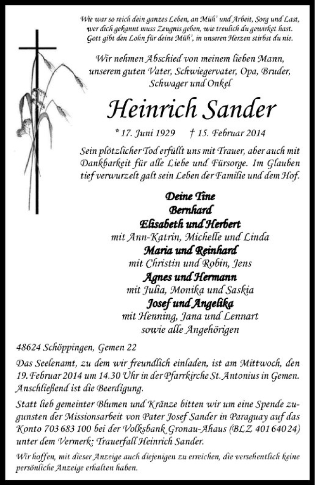  Traueranzeige für Heinrich Sander vom 18.02.2014 aus Westfälische Nachrichten