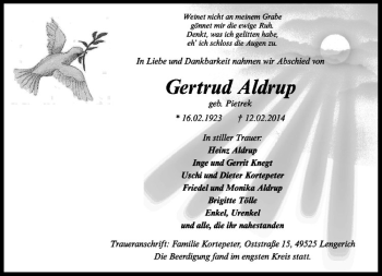 Anzeige von Gertrud Aldrup von Westfälische Nachrichten