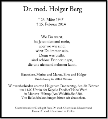 Anzeige von Holger Berg von Westfälische Nachrichten