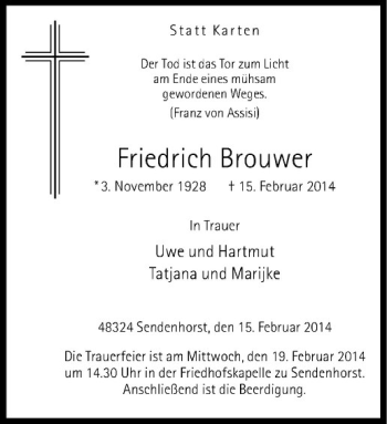 Anzeige von Friedrich Brouwer von Westfälische Nachrichten