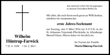 Anzeige von Wilhelm Hüntrup-Farwick von Westfälische Nachrichten