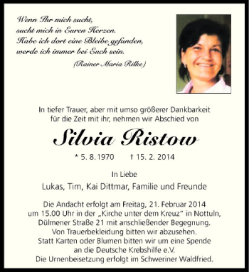 Anzeige von Silvia Ristow von Westfälische Nachrichten