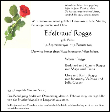 Anzeige von Edeltraud Rogge von Westfälische Nachrichten