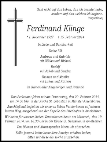 Anzeige von Ferdinand Klinge von Westfälische Nachrichten