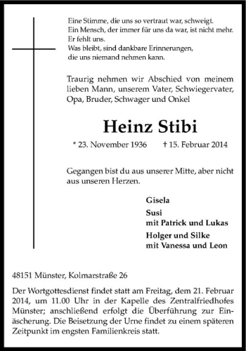 Anzeige von Heinz Stibi von Westfälische Nachrichten