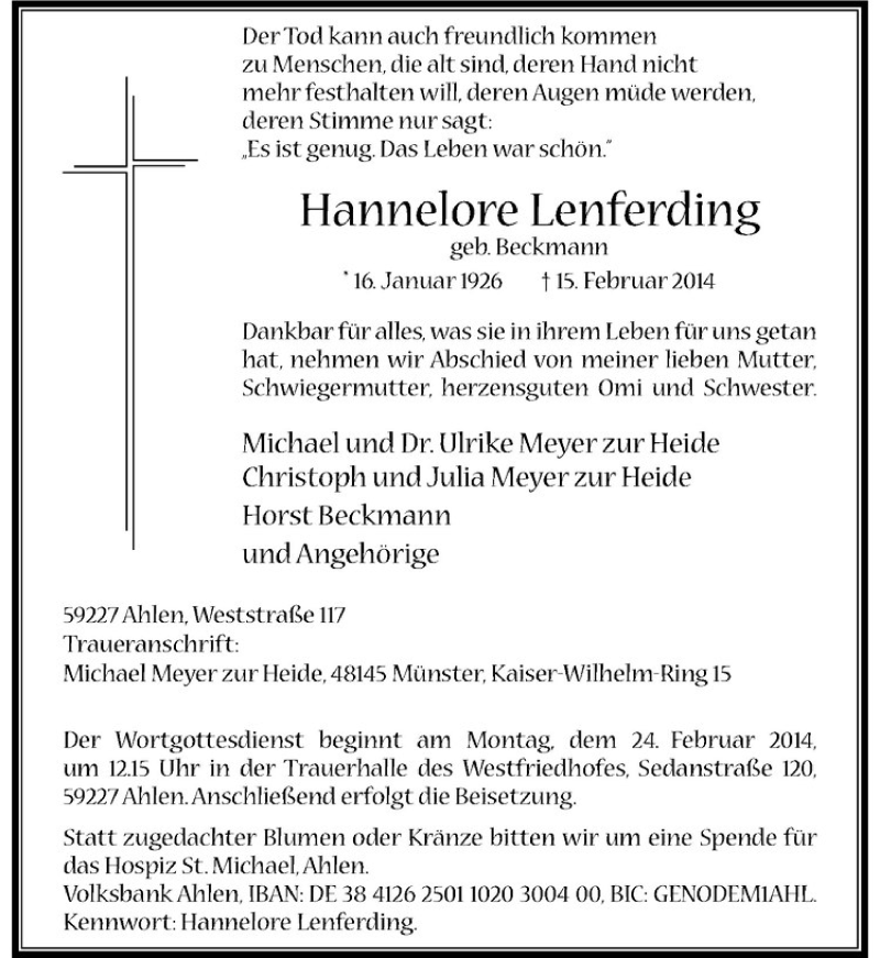  Traueranzeige für Hannelore Lenferding vom 19.02.2014 aus Westfälische Nachrichten