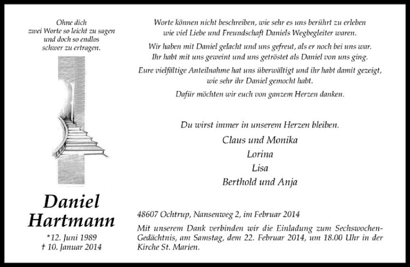  Traueranzeige für Daniel Hartmann vom 19.02.2014 aus Westfälische Nachrichten
