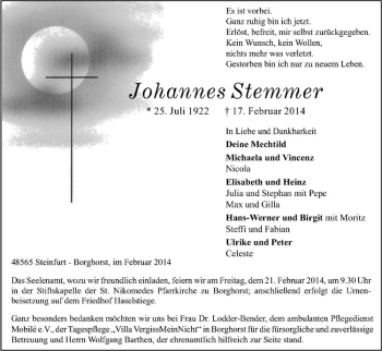 Anzeige von Johannes Stemmer von Westfälische Nachrichten