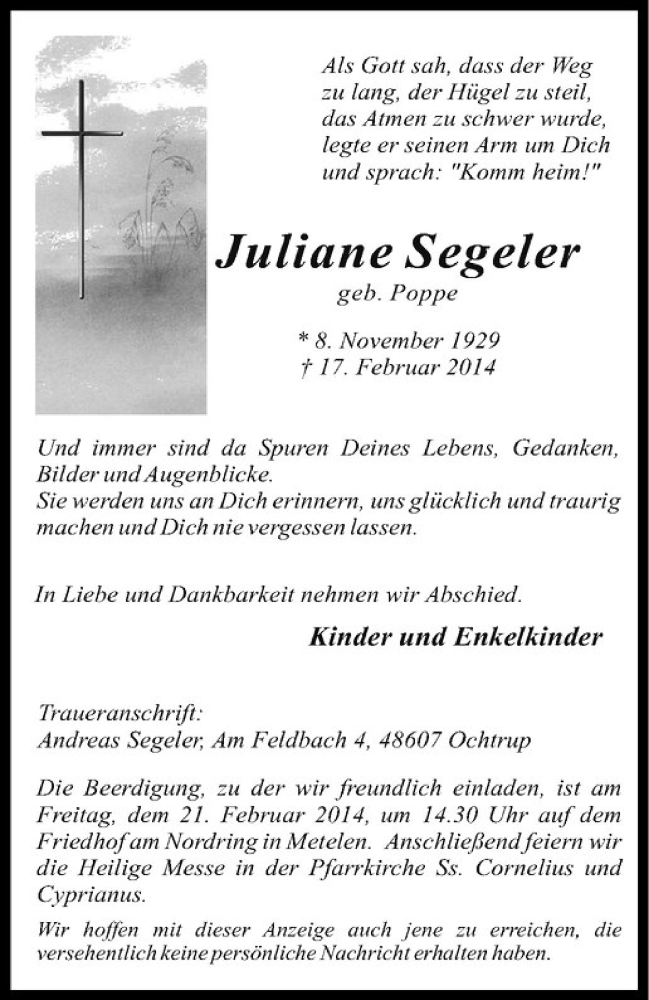  Traueranzeige für Juliane Segeler vom 19.02.2014 aus Westfälische Nachrichten