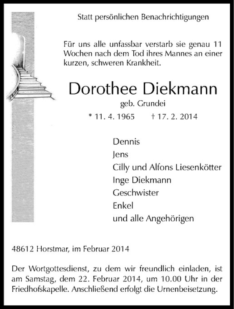  Traueranzeige für Dorothee Diekmann vom 19.02.2014 aus Westfälische Nachrichten