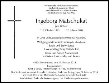 Anzeige von Ingeborg Matschukat von Westfälische Nachrichten