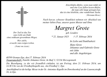 Anzeige von Margret Grote von Westfälische Nachrichten