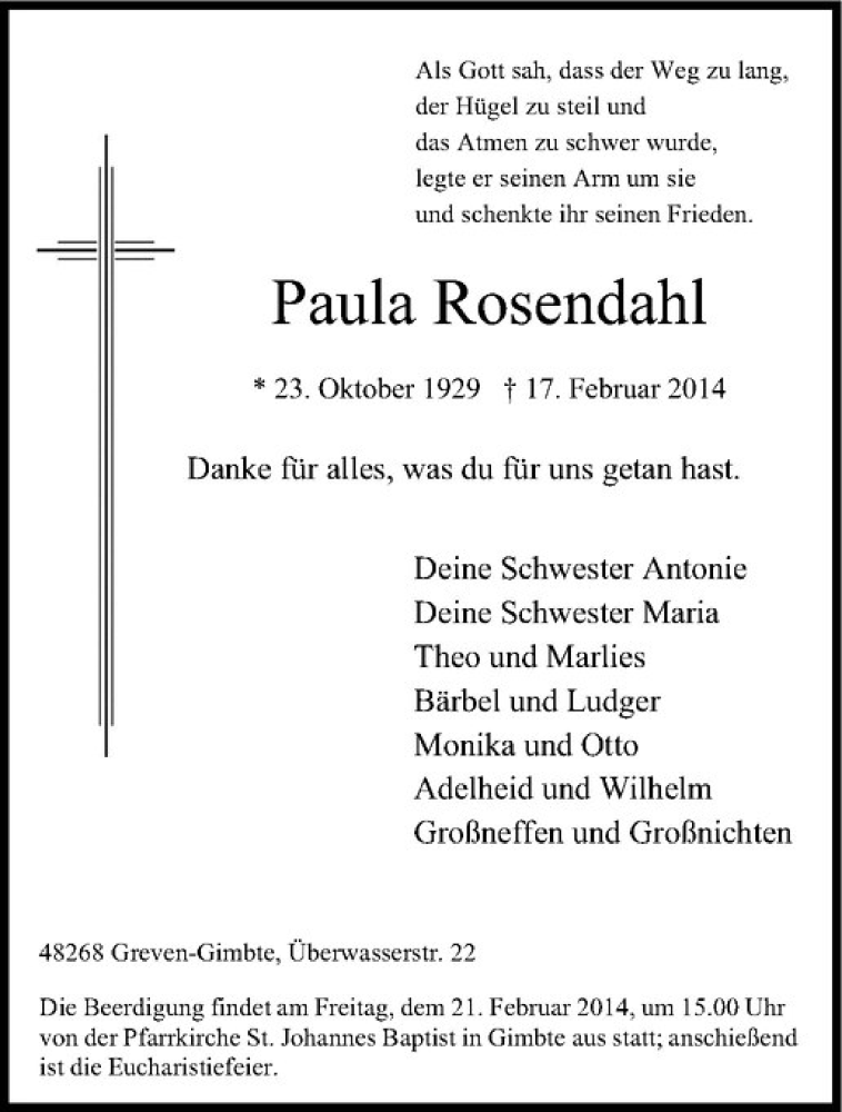  Traueranzeige für Paula Rosendahl vom 19.02.2014 aus Westfälische Nachrichten