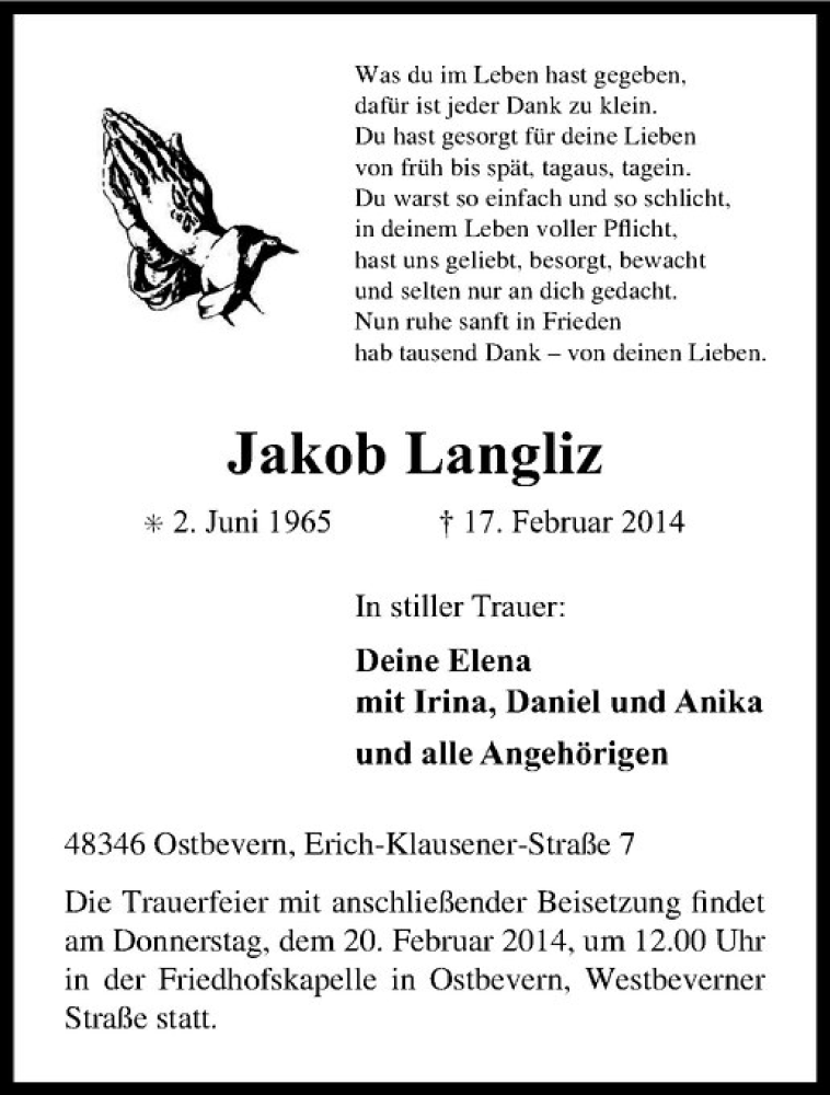  Traueranzeige für Jakob Langliz vom 19.02.2014 aus Westfälische Nachrichten