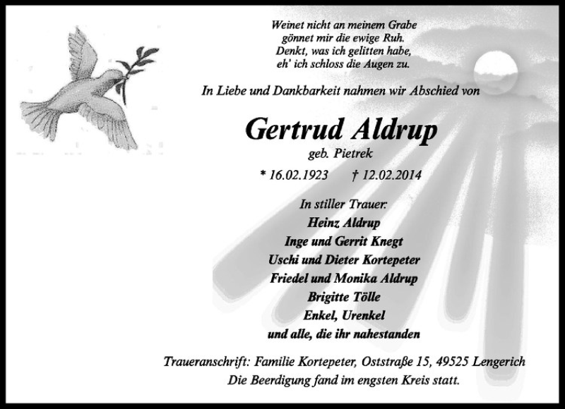  Traueranzeige für Gertrud Aldrup vom 20.02.2014 aus Westfälische Nachrichten