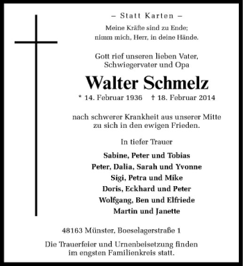 Anzeige von Walter Schmelz von Westfälische Nachrichten