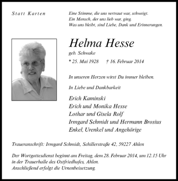 Anzeige von Helma Hesse von Westfälische Nachrichten