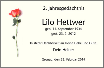 Anzeige von Lilo Hettwer von Westfälische Nachrichten