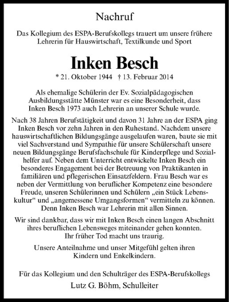  Traueranzeige für Inken Besch vom 22.02.2014 aus Westfälische Nachrichten