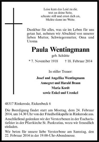 Anzeige von Paula Wentingmann von Westfälische Nachrichten