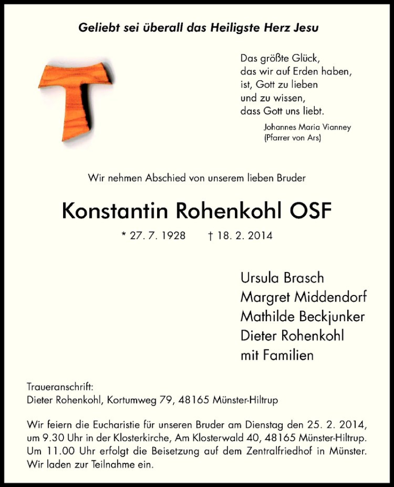  Traueranzeige für Konstantin Rohenkohl vom 21.02.2014 aus Westfälische Nachrichten