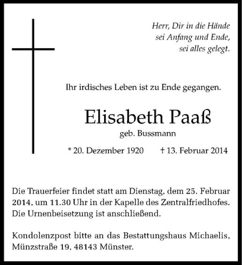  Traueranzeige für Elisabeth Paaß vom 22.02.2014 aus Westfälische Nachrichten