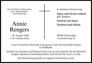 Anzeige von Annie Rengers von Westfälische Nachrichten