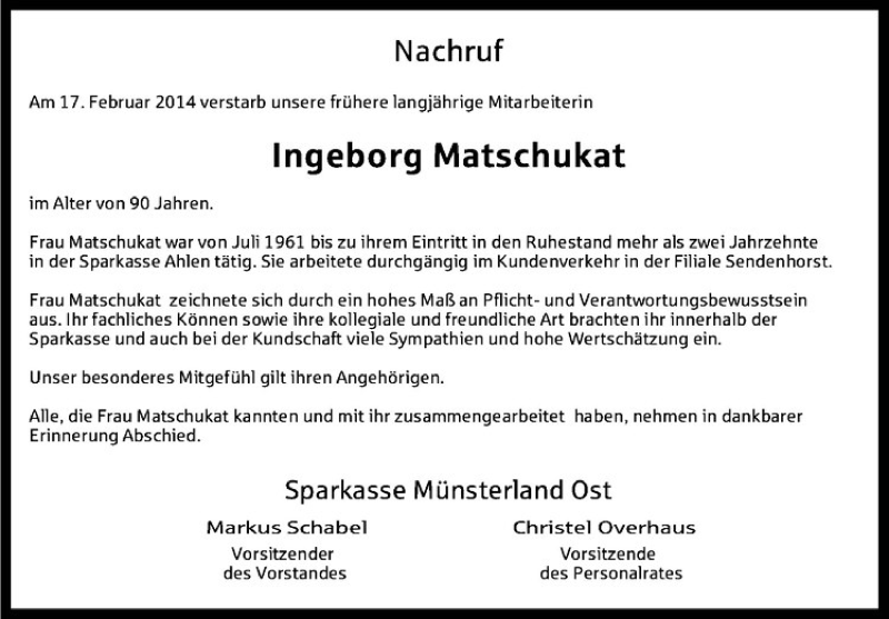  Traueranzeige für Ingeborg Matschukat vom 21.02.2014 aus Westfälische Nachrichten