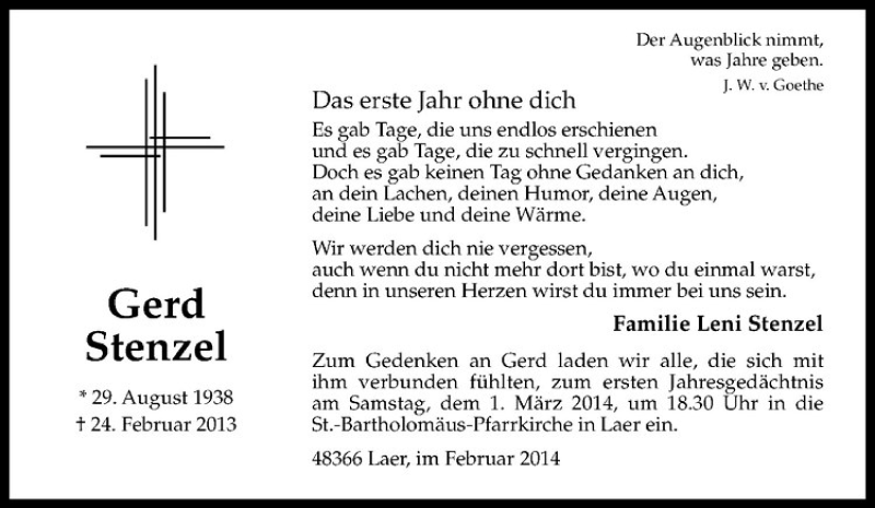  Traueranzeige für Gerd Stenzel vom 26.02.2014 aus Westfälische Nachrichten
