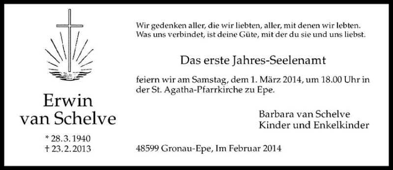  Traueranzeige für Erwin van Schelve vom 27.02.2014 aus Westfälische Nachrichten