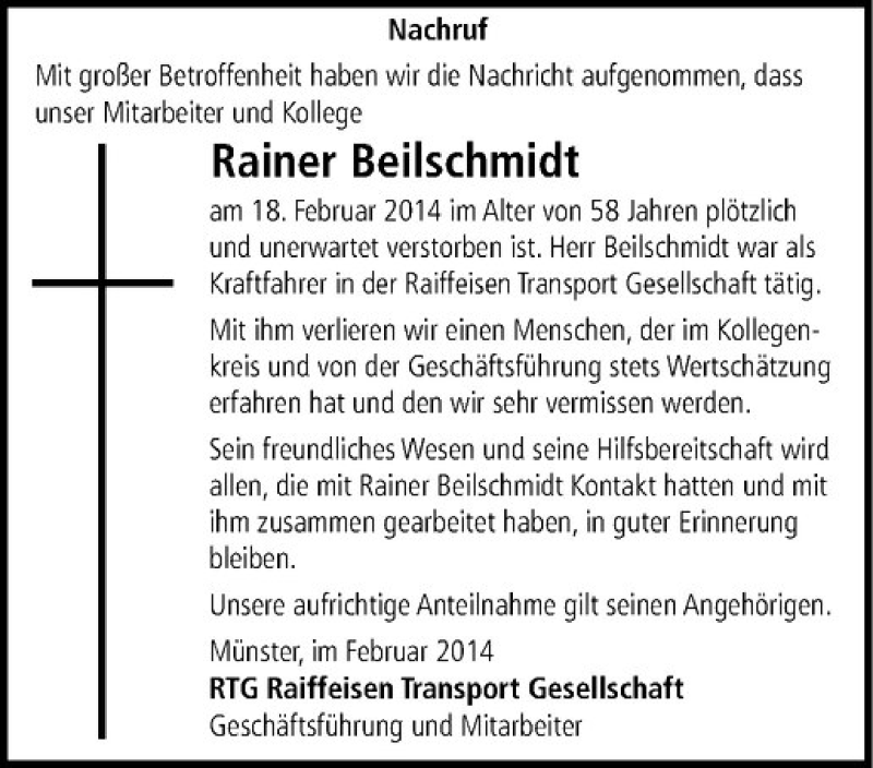  Traueranzeige für Rainer Beilschmidt vom 21.02.2014 aus Westfälische Nachrichten