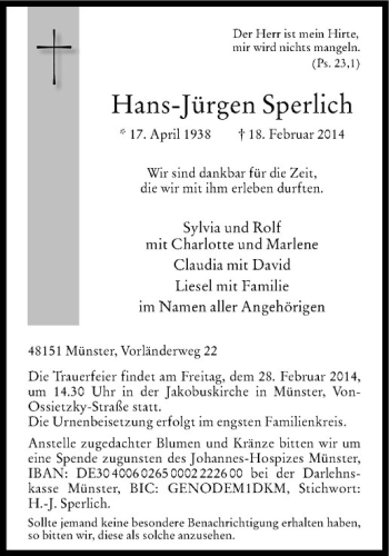 Anzeige von Hans-Jürgen Sperlich von Westfälische Nachrichten
