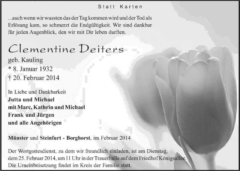  Traueranzeige für Clemetine Deiters vom 22.02.2014 aus Westfälische Nachrichten