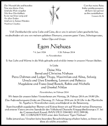 Anzeige von Egon Niehues von Westfälische Nachrichten
