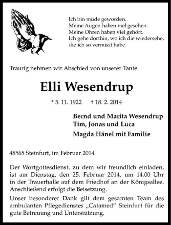 Anzeige von Elli Wesendrup von Westfälische Nachrichten