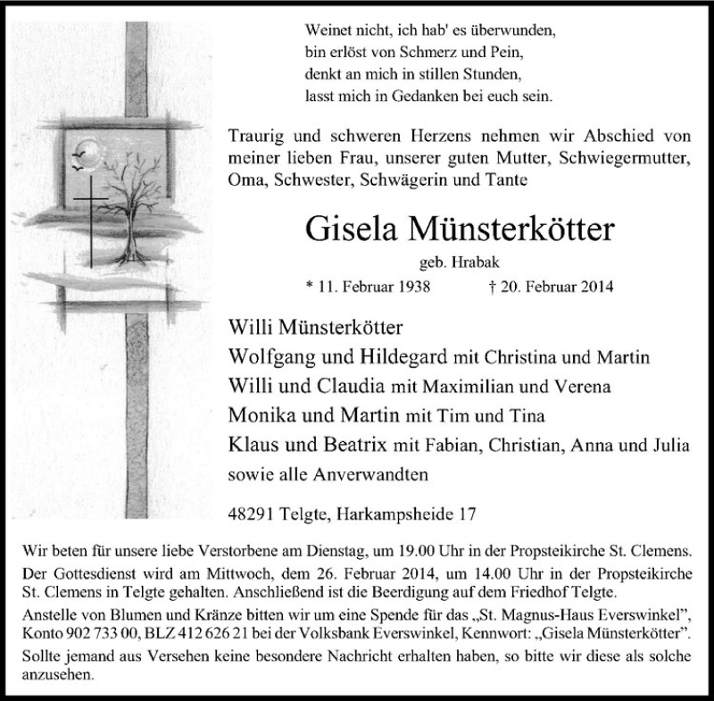  Traueranzeige für Gisela Münsterkötter vom 22.02.2014 aus Westfälische Nachrichten
