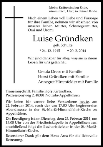 Anzeige von Luise Gründken von Westfälische Nachrichten