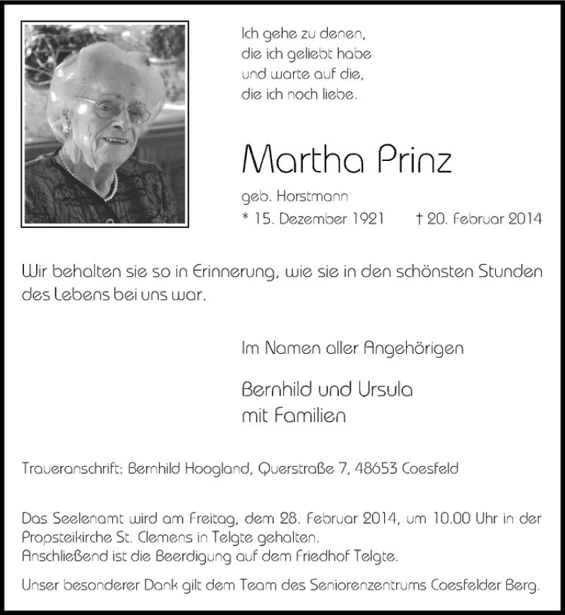  Traueranzeige für Martha Prinz vom 22.02.2014 aus Westfälische Nachrichten