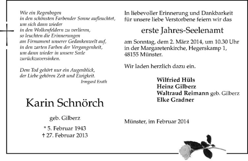  Traueranzeige für Karin Schnörch vom 22.02.2014 aus Westfälische Nachrichten
