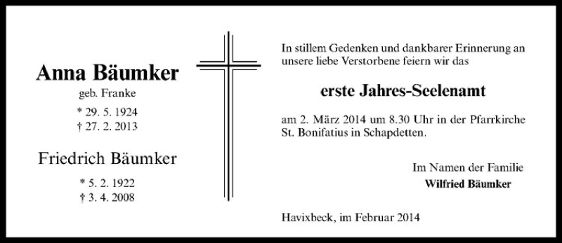  Traueranzeige für Anna Bäumker vom 22.02.2014 aus Westfälische Nachrichten