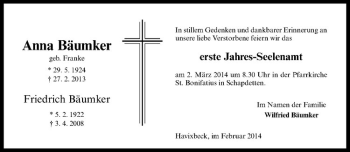 Anzeige von Anna Bäumker von Westfälische Nachrichten