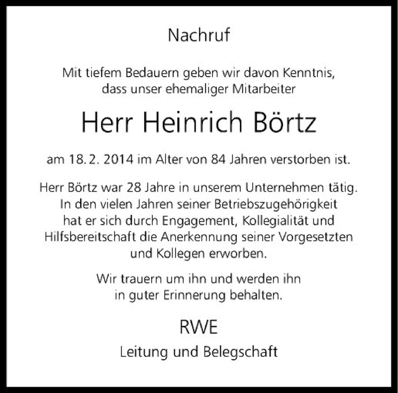  Traueranzeige für Heinrich Börtz vom 24.02.2014 aus Westfälische Nachrichten