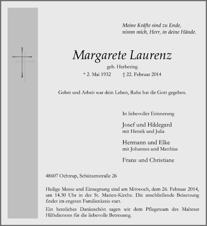  Traueranzeige für Margarete Laurenz vom 24.02.2014 aus Westfälische Nachrichten